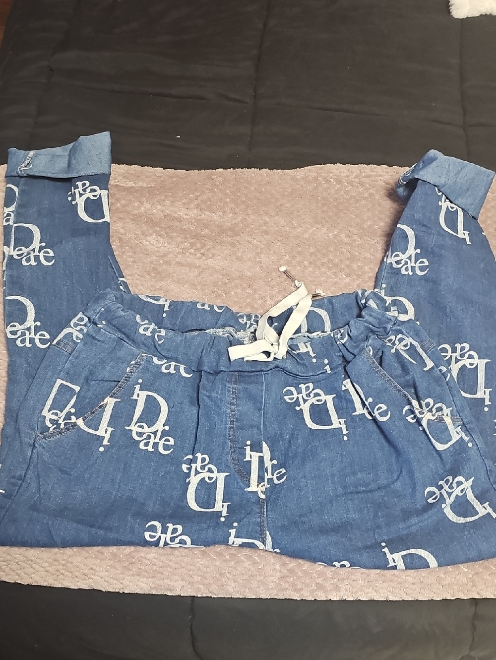 Blue Logo-Print Drawstring Jumpsuit